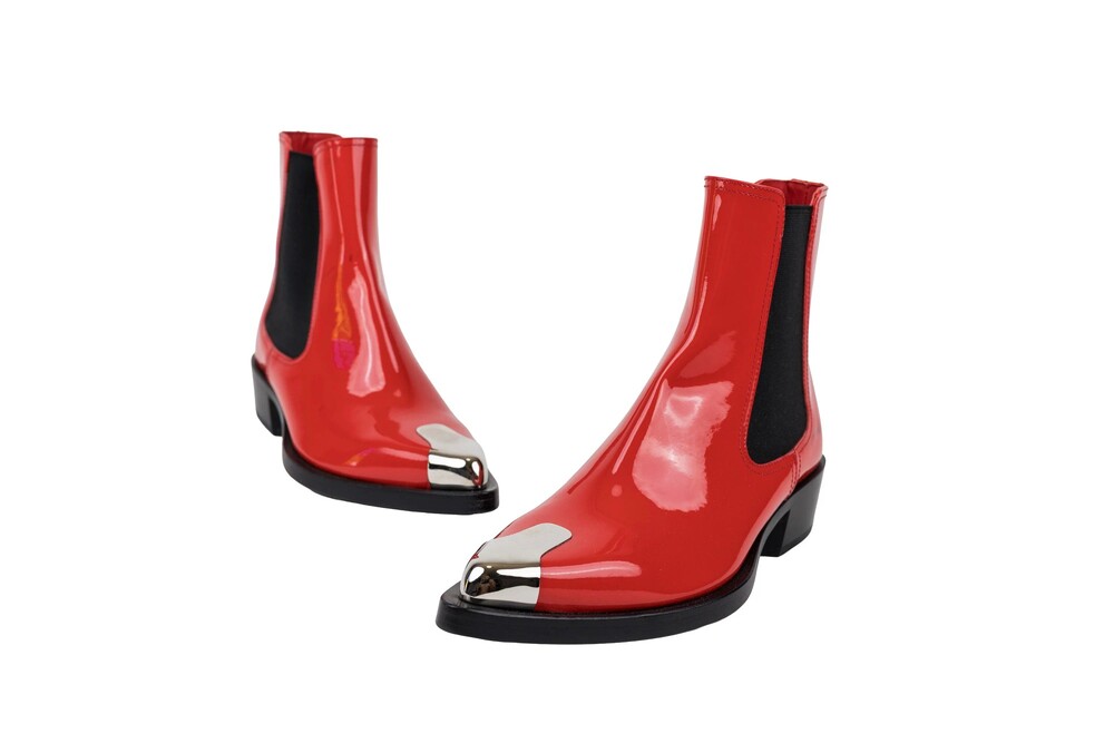 Alexander McQueen Red Pointed-Toe Chelsea Booties Patent Leather Silver Hardware